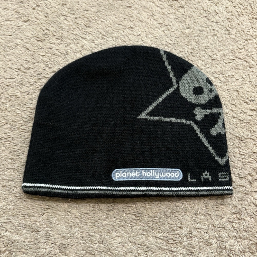 Vintage 2000s Planet Hollywood Skull Cap Beanie Black Y2K Grunge Bones Vegas